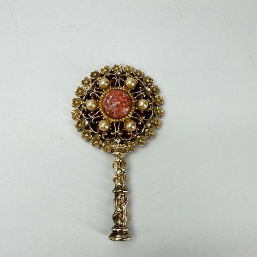Ornate Gold Tone Handheld Vanity Mirror Faux Pearl Pink Cabochon Floral